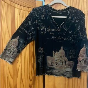 IMPULSE VENICE ITALY TOP WOMENS BLACK Ponte di Rialto Stylish 3/4 SLEEVE STRETCH